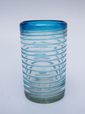 Vasos de Vidrio Soplado / Juego de 6 vasos grandes con espiral azul aqua / Éstos vasos son la combinación perfecta de belleza y estilo, con espirales azul aqua alrededor.
